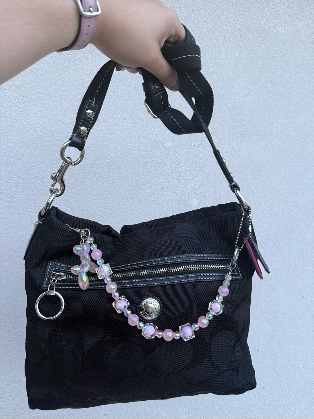 Coach Black Crossbody Bag with Pink Beaded Charm